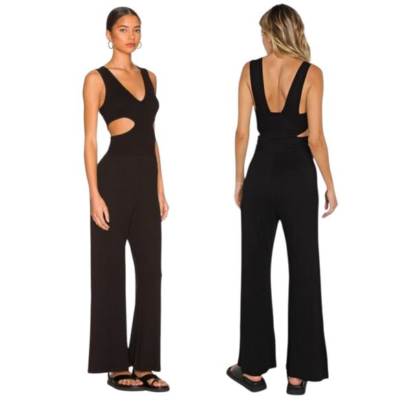 LNA V Neck‎ Cut Out Jumpsuit sz 2X Women Rowan Ribbed Black Jersey Knit Comfy - Picture 1 of 9